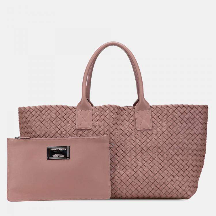Pre Owned Bottega Veneta Pink Medium Lambskin Intreccio Cabat Tote