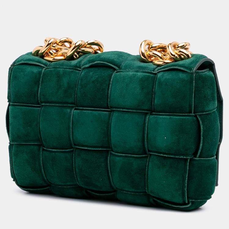 Pre Owned Bottega Veneta Green Suede Intrecciato Padded Chain Cassette Satchel