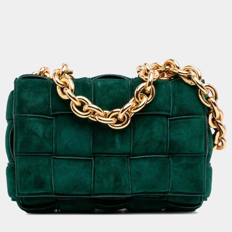 Pre Owned Bottega Veneta Green Suede Intrecciato Padded Chain Cassette Satchel