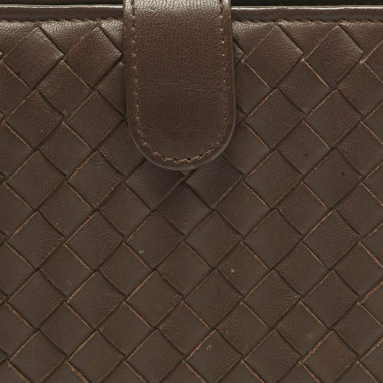 Pre Owned Bottega Veneta Dark Brown Intrecciato Leather French Wallet