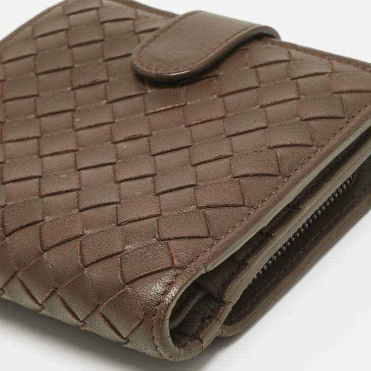 Pre Owned Bottega Veneta Dark Brown Intrecciato Leather French Wallet