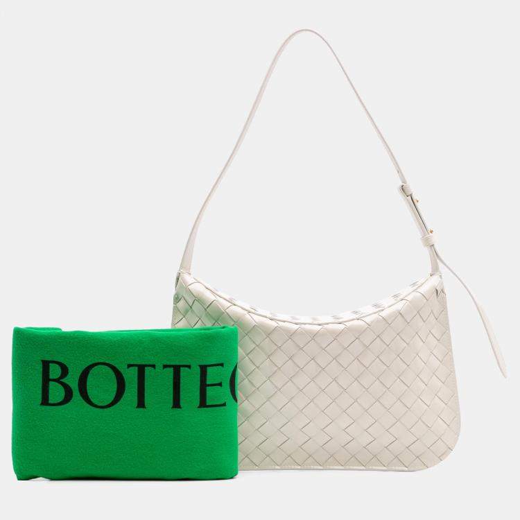 Pre Owned Bottega Veneta White Brushed Calfskin Intrecciato Cradle Fold Over Shoulder Bag