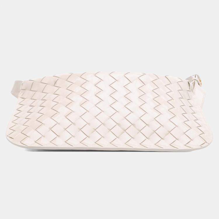Pre Owned Bottega Veneta White Brushed Calfskin Intrecciato Cradle Fold Over Shoulder Bag
