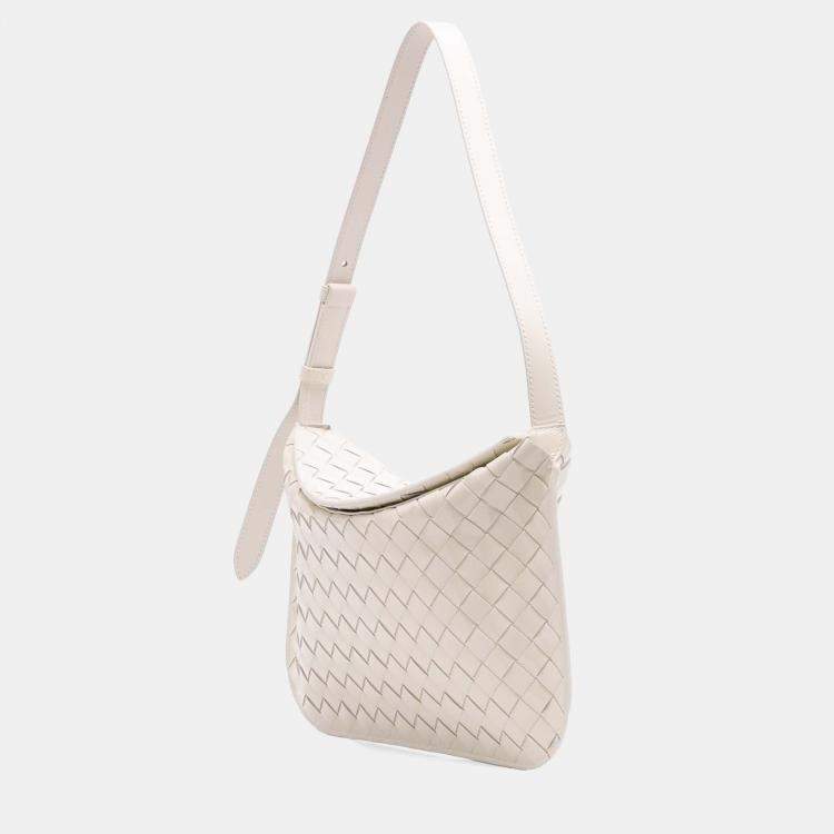 Pre Owned Bottega Veneta White Brushed Calfskin Intrecciato Cradle Fold Over Shoulder Bag
