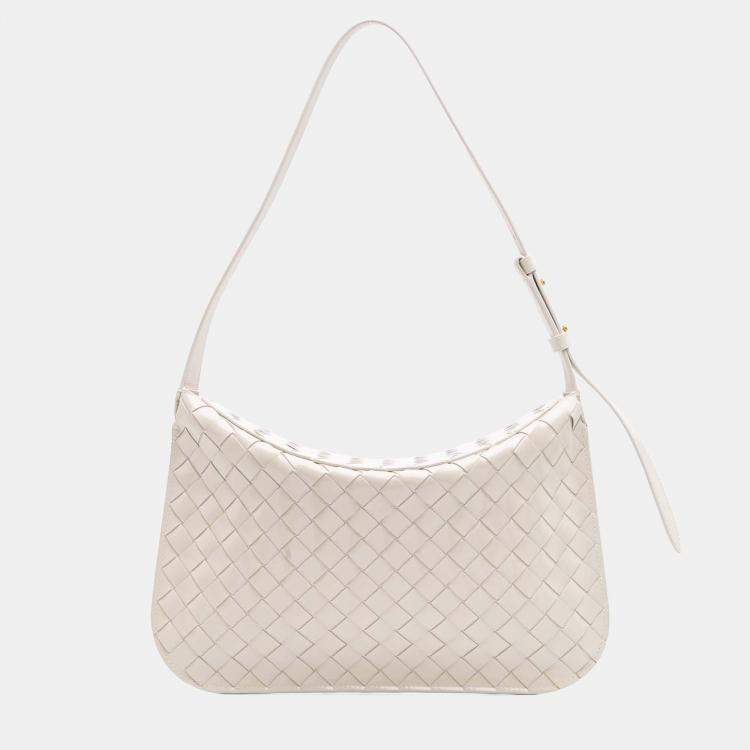Pre Owned Bottega Veneta White Brushed Calfskin Intrecciato Cradle Fold Over Shoulder Bag