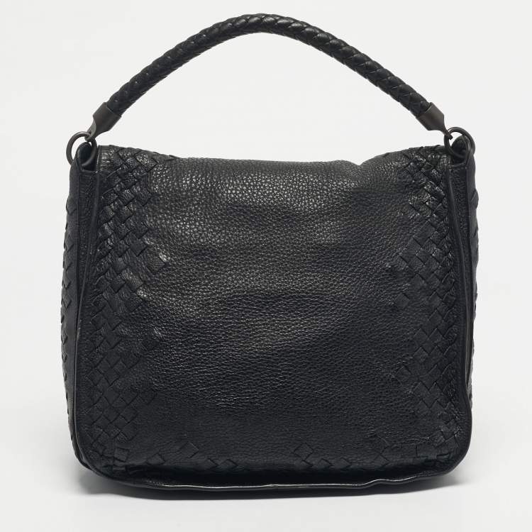 Pre Owned Bottega Veneta Black Intrecciato Leather Flap Hobo