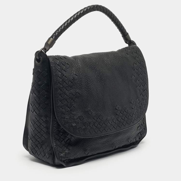 Pre Owned Bottega Veneta Black Intrecciato Leather Flap Hobo