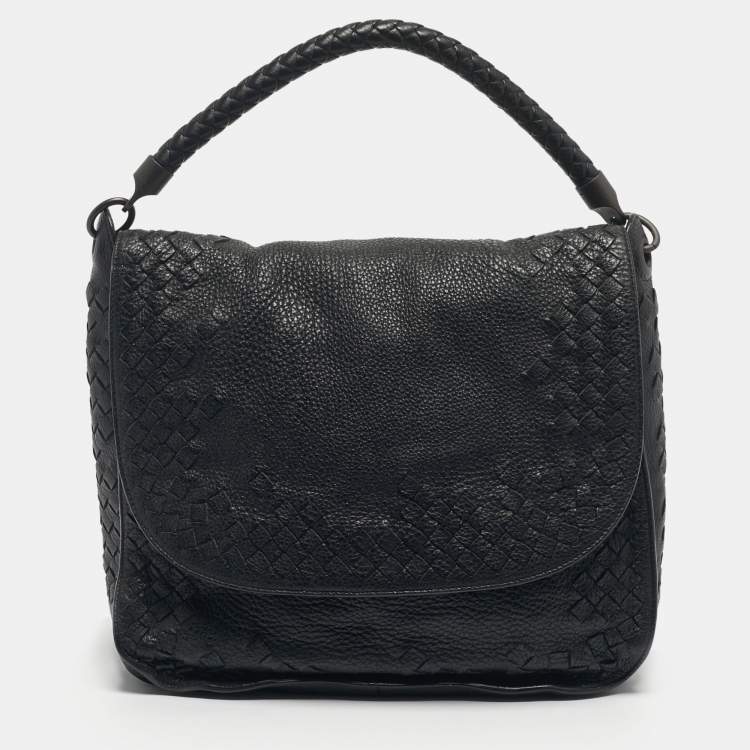 Pre Owned Bottega Veneta Black Intrecciato Leather Flap Hobo