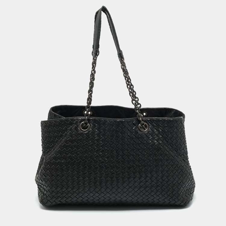 Pre Owned Bottega Veneta Black Intrecciato Leather Chain Tote