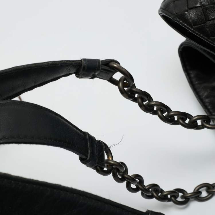 Pre Owned Bottega Veneta Black Intrecciato Leather Chain Tote