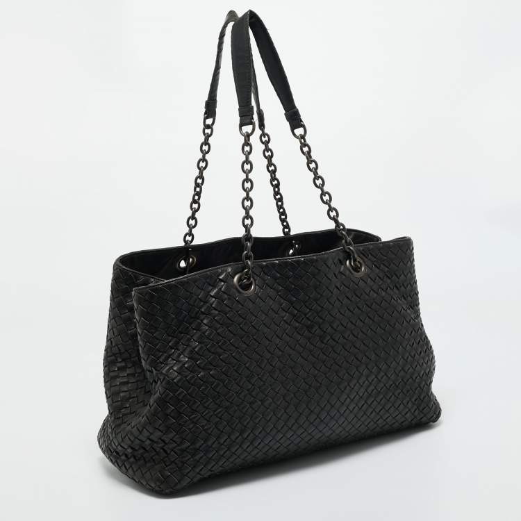 Pre Owned Bottega Veneta Black Intrecciato Leather Chain Tote