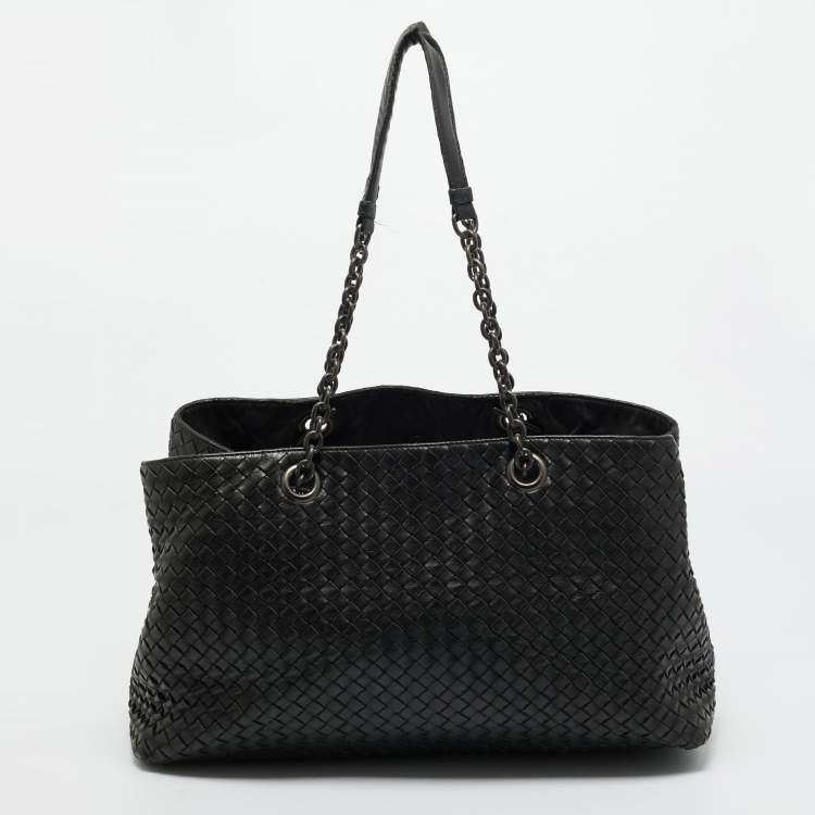 Pre Owned Bottega Veneta Black Intrecciato Leather Chain Tote