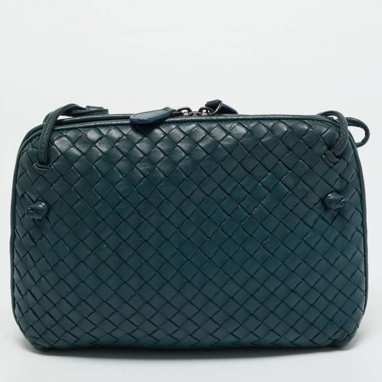 Pre Owned Bottega Veneta Teal Green Intrecciato Leather Nodini Crossbody Bag