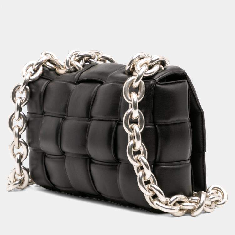 Pre Owned Bottega Veneta Black Nappa Intrecciato Padded Chain Cassette Satchel