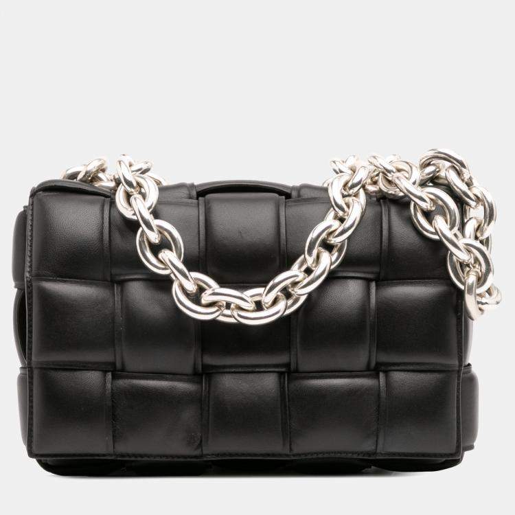 Pre Owned Bottega Veneta Black Nappa Intrecciato Padded Chain Cassette Satchel