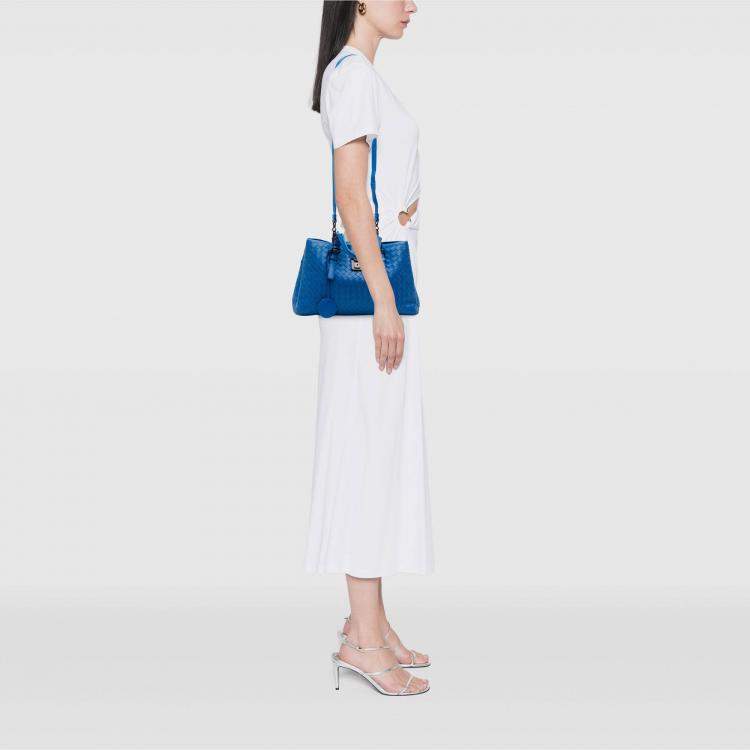 Pre Owned Bottega Veneta Blue Small Nappa Intrecciato Roma Satchel