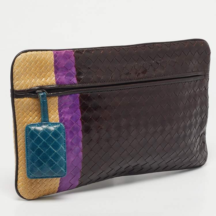 Pre Owned Bottega Veneta Multicolor Intrecciato Leather Colorblock Zip Pouch 