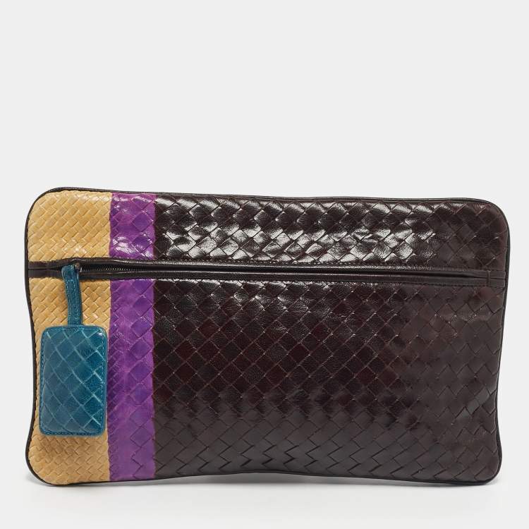Pre Owned Bottega Veneta Multicolor Intrecciato Leather Colorblock Zip Pouch 