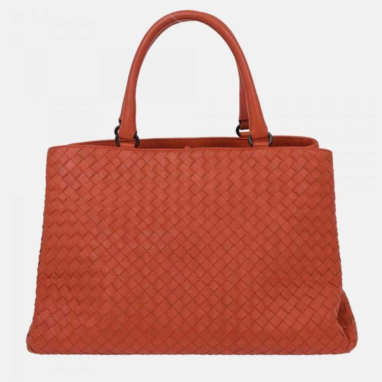 Pre Owned Bottega Veneta Vermilion Red Leather Intrecciato Tote Handbag