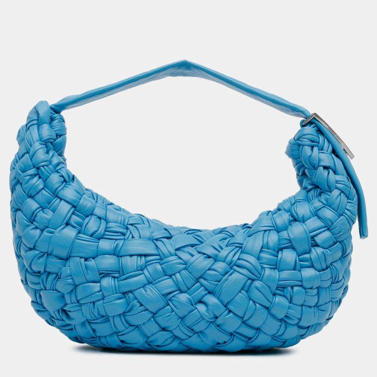 Pre Owned Bottega Veneta Blue Paper Calfskin Intrecciato Banana Hobo Bag