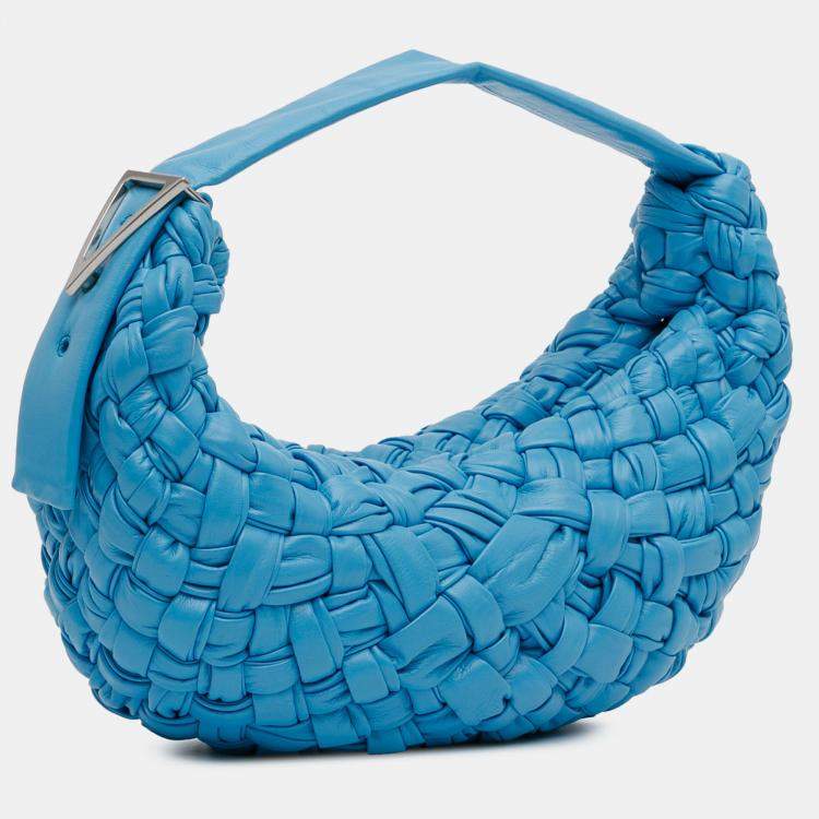 Pre Owned Bottega Veneta Blue Paper Calfskin Intrecciato Banana Hobo Bag