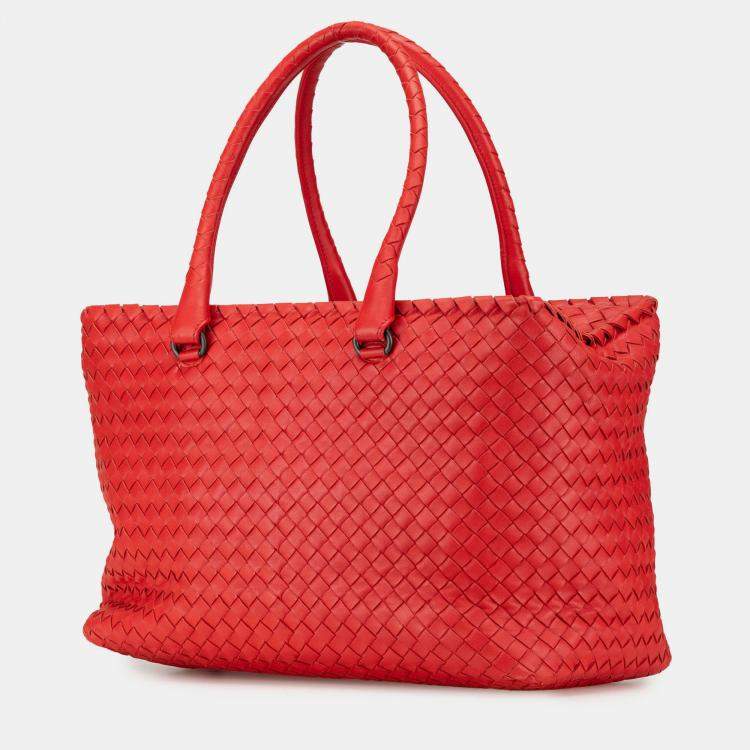 Pre Owned Bottega Veneta Red Nappa Intrecciato Brick Tote