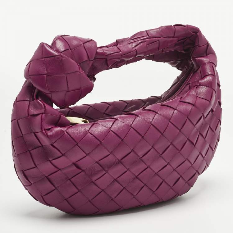 Pre Owned Bottega Veneta Dark Pink Intrecciato Leather Mini Jodie Hobo