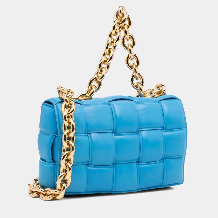 Pre Owned Bottega Veneta Blue Nappa Intrecciato Padded Chain Cassette Satchel