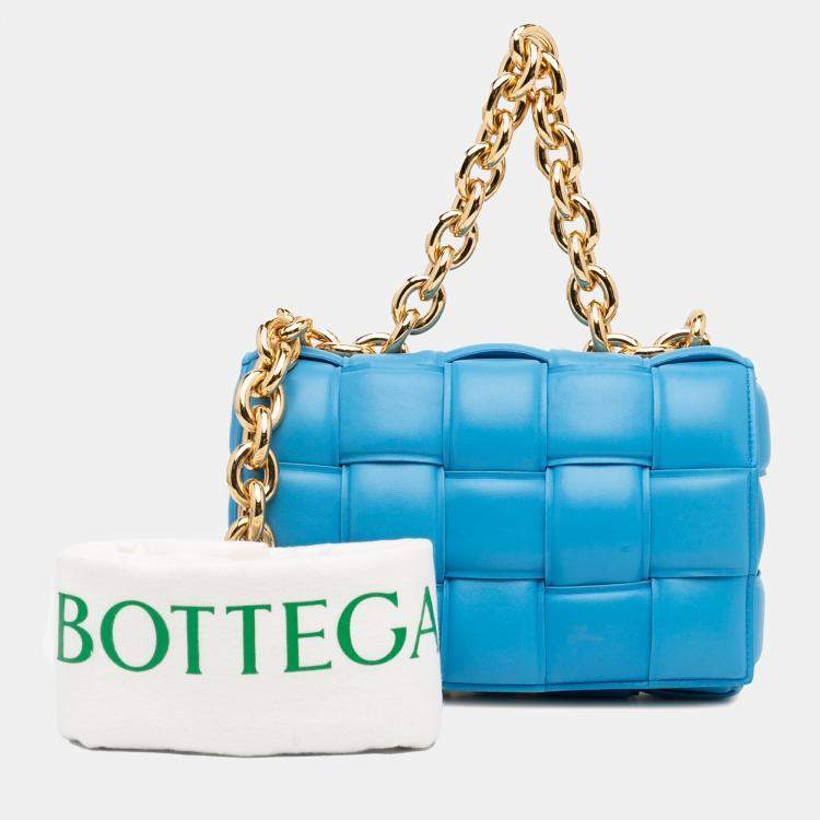 Pre Owned Bottega Veneta Blue Nappa Intrecciato Padded Chain Cassette Satchel