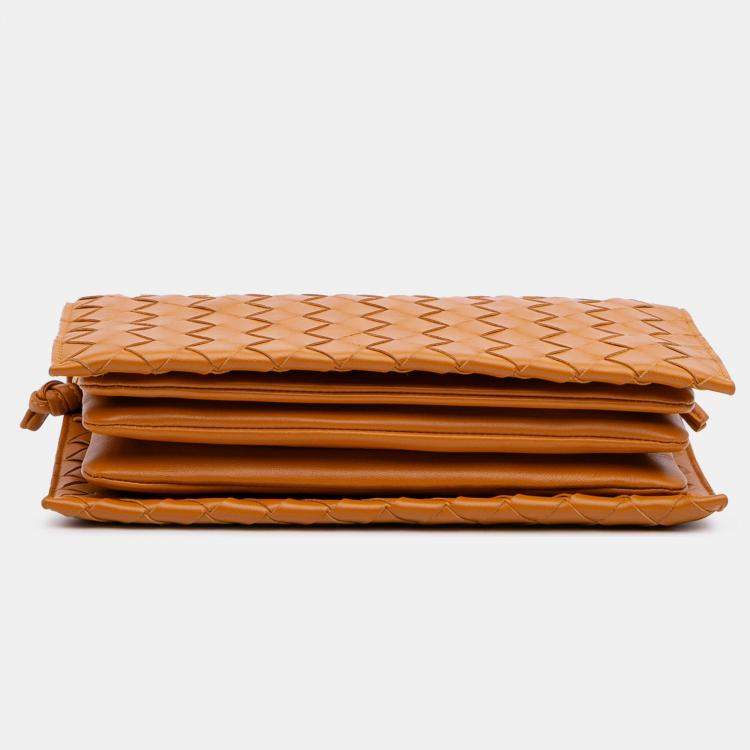 Pre Owned Bottega Veneta Brown Nappa Intrecciato Trio Pouch On Strap