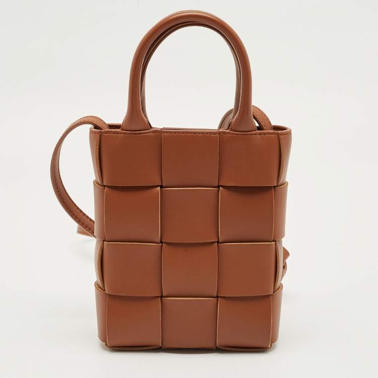 Pre Owned Bottega Veneta Brown Intreccio Leather Mini Cassette Tote
