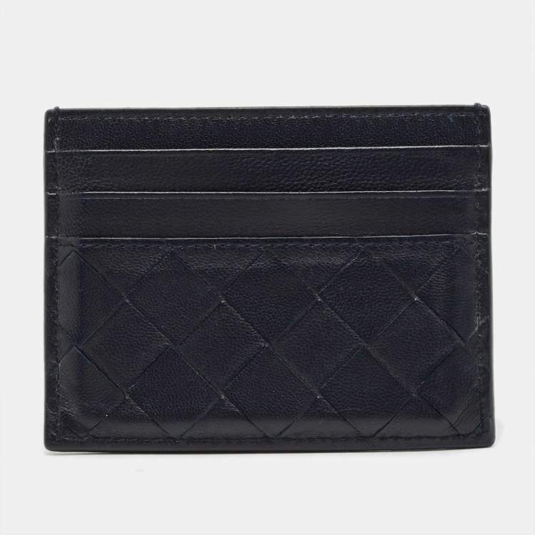Pre Owned Bottega Veneta Navy Blue Intrecciato Leather Card Holder