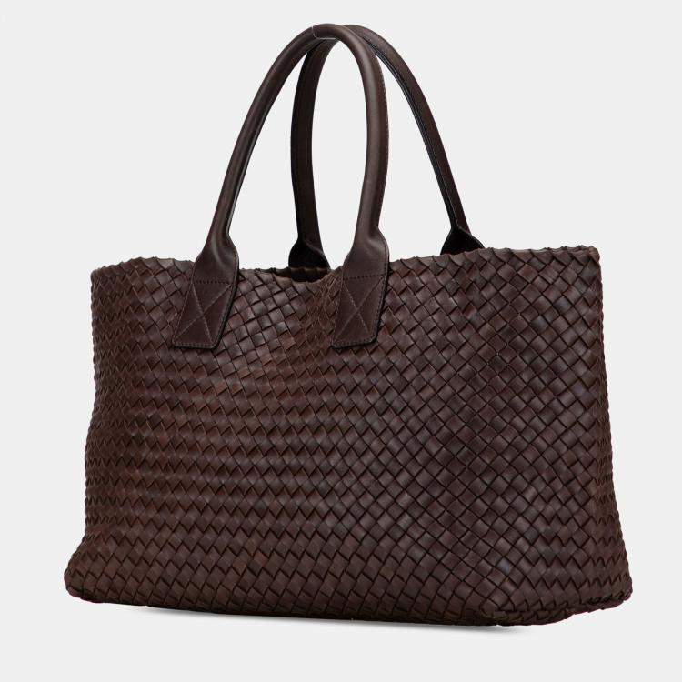 Pre Owned Bottega Veneta Brown Medium Lambskin Intreccio Cabat Tote