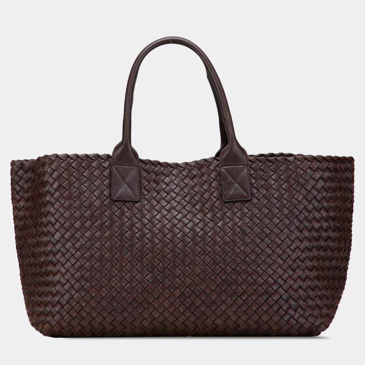 Pre Owned Bottega Veneta Brown Medium Lambskin Intreccio Cabat Tote