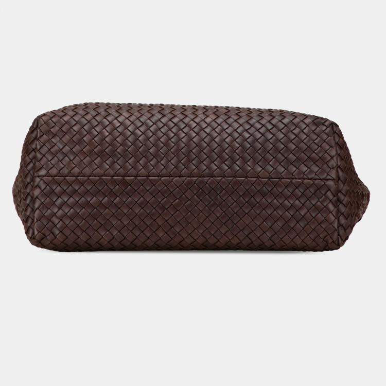Pre Owned Bottega Veneta Brown Medium Lambskin Intreccio Cabat Tote