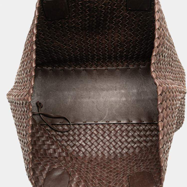 Pre Owned Bottega Veneta Brown Medium Lambskin Intreccio Cabat Tote