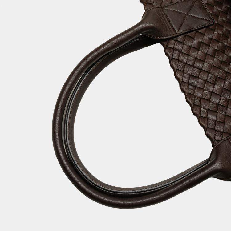 Pre Owned Bottega Veneta Brown Medium Lambskin Intreccio Cabat Tote
