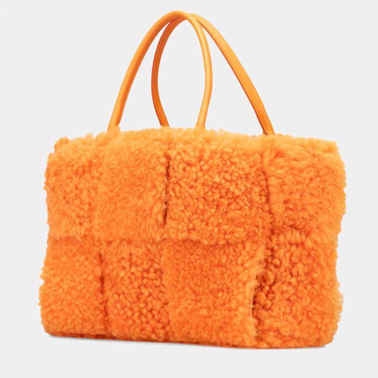 Pre Owned Bottega Veneta Orange Small Shearling Intrecciato Arco Tote