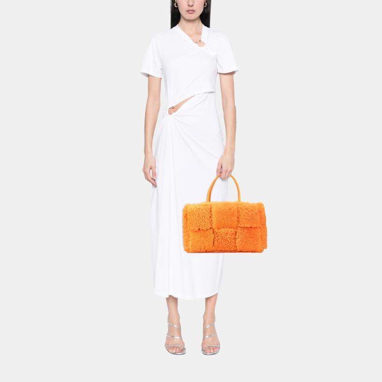 Pre Owned Bottega Veneta Orange Small Shearling Intrecciato Arco Tote