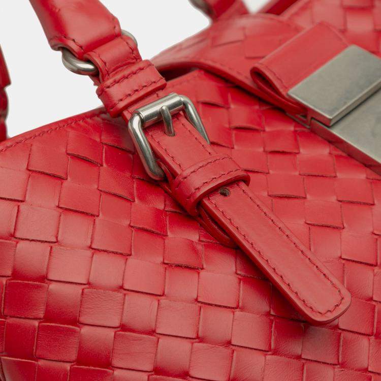 Pre Owned Bottega Veneta Red Small Nappa Intrecciato Roma Satchel