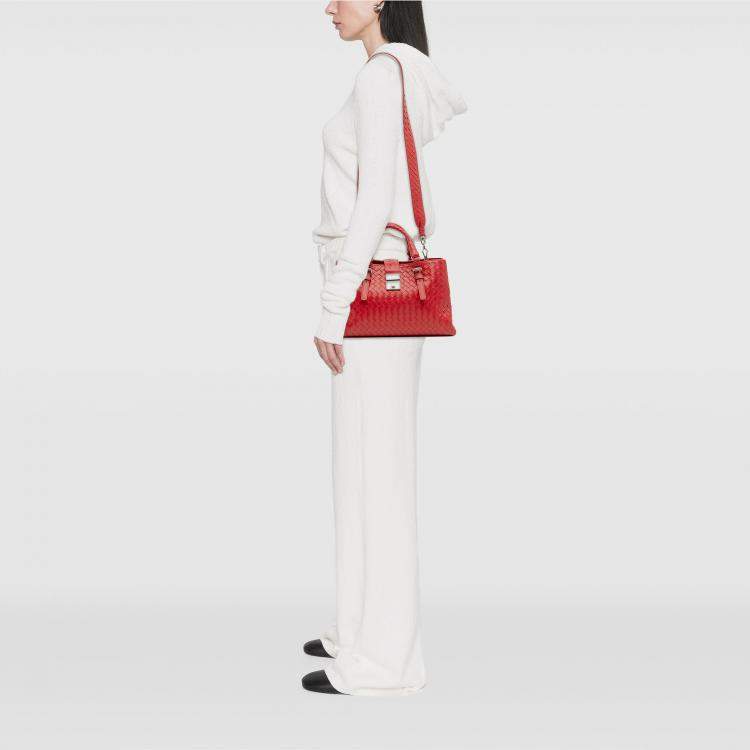Pre Owned Bottega Veneta Red Small Nappa Intrecciato Roma Satchel