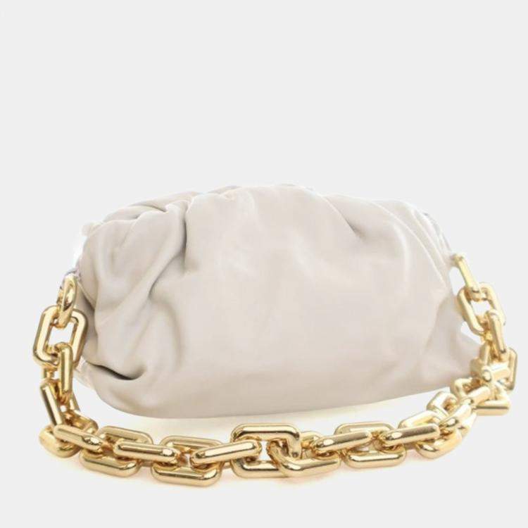 Pre Owned Bottega Veneta White Lambskin The Chain Pouch