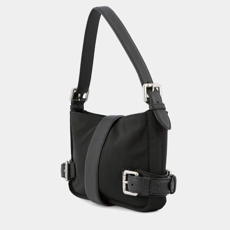 Pre Owned Bottega Veneta Flap Buckle Shoulder Bag Black Nylon Leather