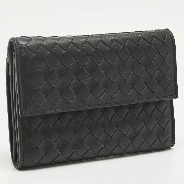 Pre Owned Bottega Veneta Black Intrecciato Leather Trifold Flap Wallet