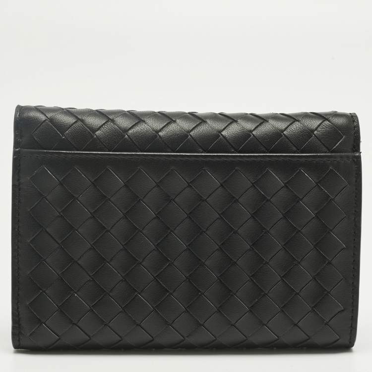 Pre Owned Bottega Veneta Black Intrecciato Leather Trifold Flap Wallet