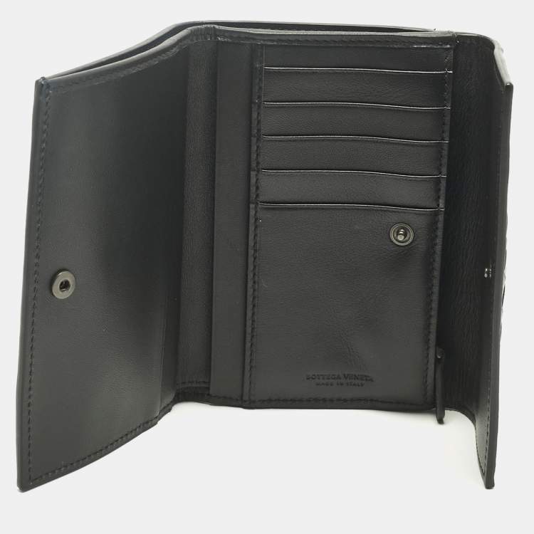 Pre Owned Bottega Veneta Black Intrecciato Leather Trifold Flap Wallet