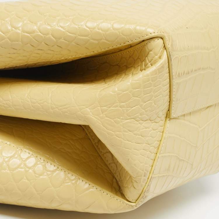 Pre Owned Bottega Veneta Yellow Crocodile Embossed Leather Doll Tote