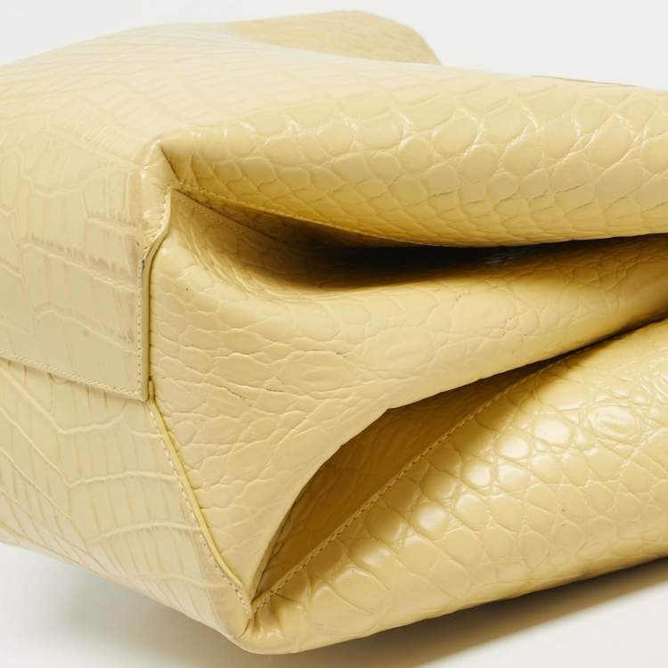 Pre Owned Bottega Veneta Yellow Crocodile Embossed Leather Doll Tote