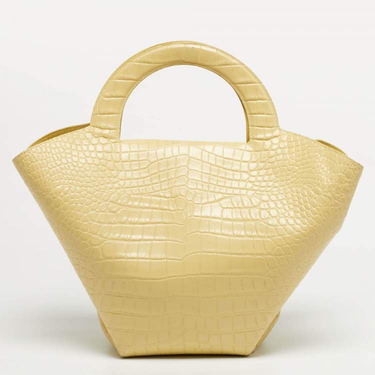 Pre Owned Bottega Veneta Yellow Crocodile Embossed Leather Doll Tote