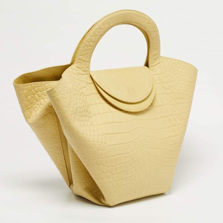 Pre Owned Bottega Veneta Yellow Crocodile Embossed Leather Doll Tote